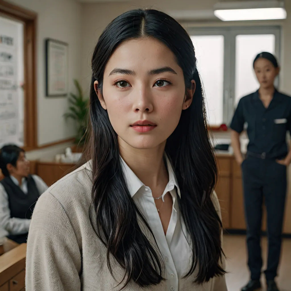 a woman standing in a room with a man in the background and a woman in the foreground with a man in the background, serial art, a character portrait, Chizuko Yoshida, movie still