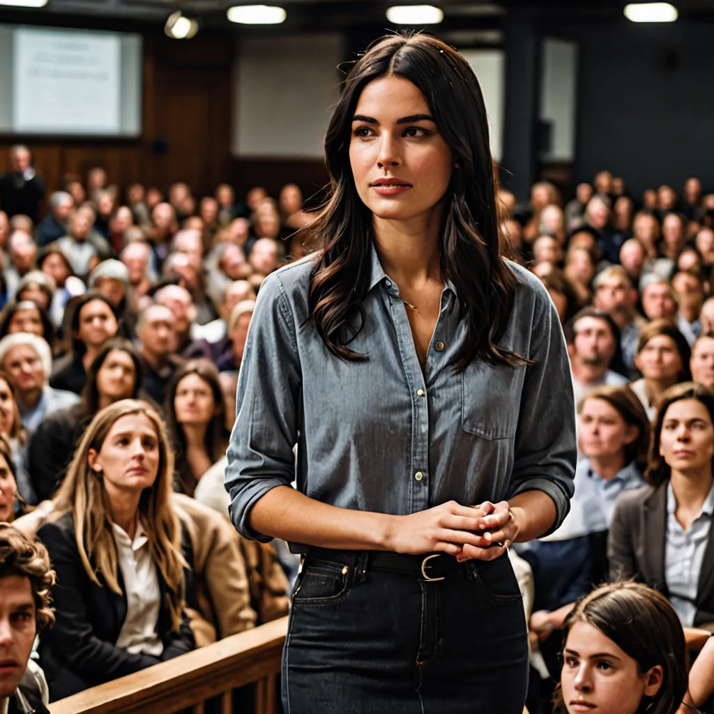 a woman standing in front of a crowd of people in a lecture hall with her hands folded in front of her chest, private press, a poster, David Budd, promotional image