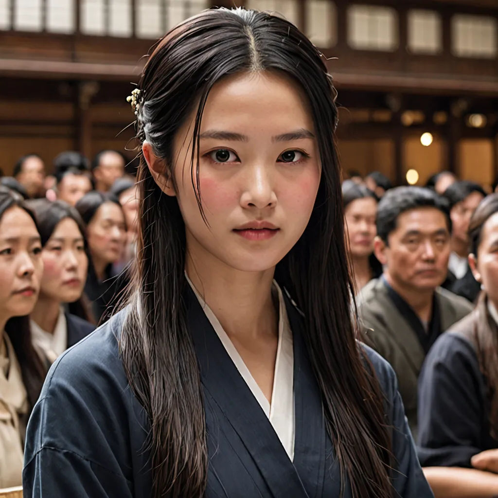 a woman in a kimono standing in front of a crowd of people in a building with a clock on the wall, purism, a character portrait, Chizuko Yoshida, movie still