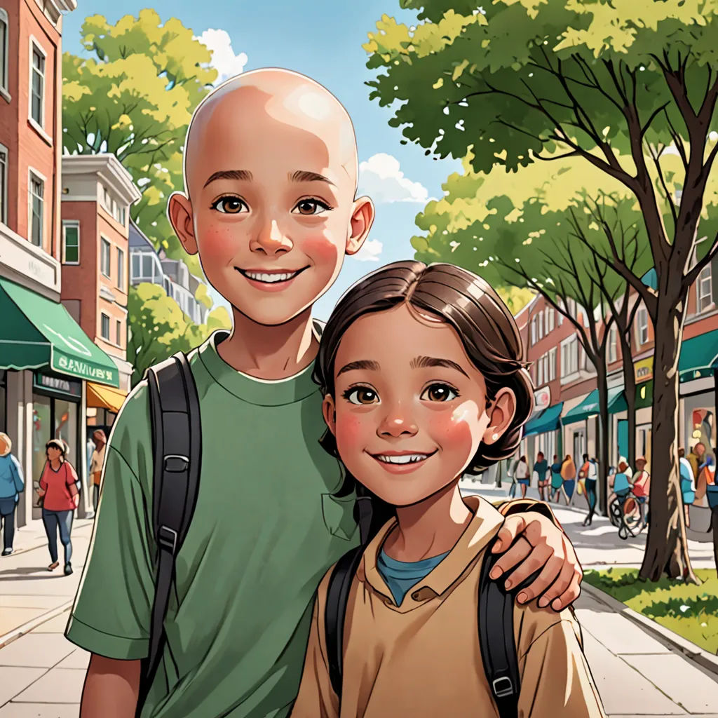 a boy and girl are standing on a street corner together, with a city in the background and a green awning, american scene painting, a storybook illustration, Felix-Kelly, promotional image