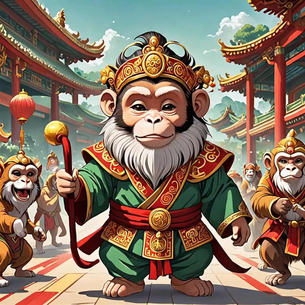 a monkey with a crown and a staff in front of a group of monkeys in oriental costumes and holding a staff, fantasy art, concept art, Ding Guanpeng, rossdraws global illumination