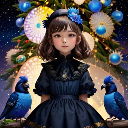 a painting of a girl with two birds on her shoulder and a christmas tree in the background with blue ornaments