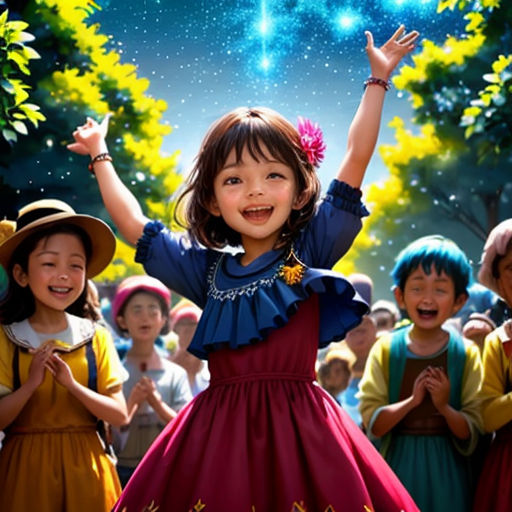 a group of children standing in front of a sky filled with stars and a star in the sky above them