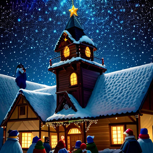 a christmas scene with a church and a star in the sky above it and people standing outside of it