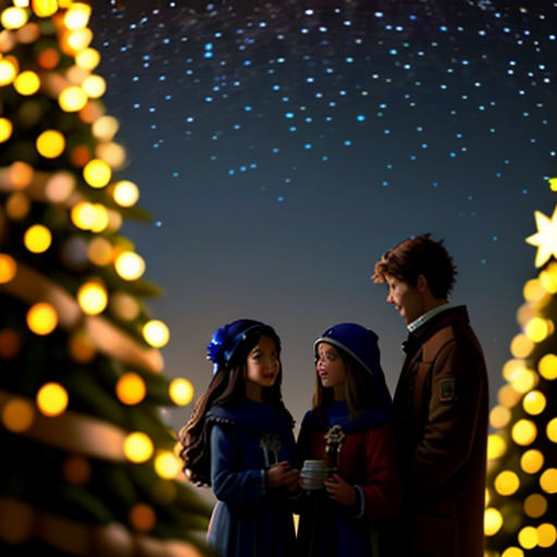 a couple of people standing next to a christmas tree with lights on it and a star in the sky
