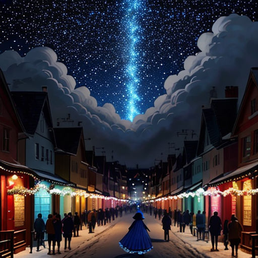 a street scene with a person walking down the street at night with a sky filled with stars and clouds