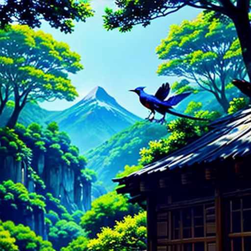 a painting of a bird flying over a forest with a mountain in the background and a house in the foreground