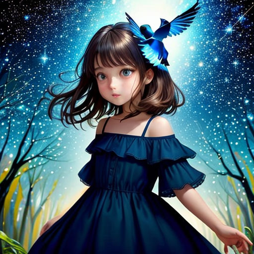 a painting of a girl in a blue dress with a bird on her head and a night sky background