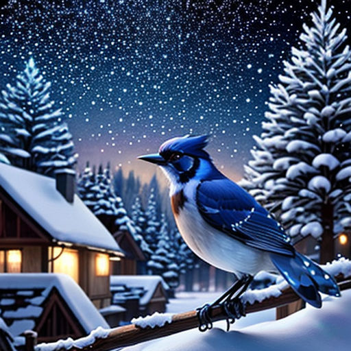 a blue bird sitting on a snowy branch in front of a cabin at night with snow falling on the ground