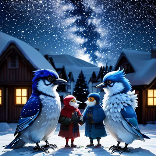 a group of birds standing next to each other on a snow covered ground with a sky full of stars