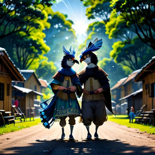 two people standing on a road with a sky background and trees in the background, with a sun shining through the trees