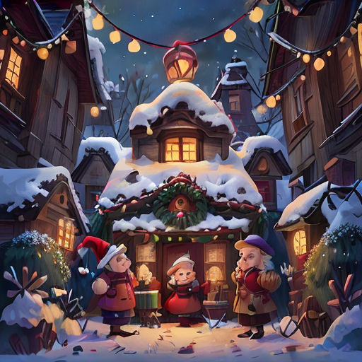a christmas scene with a couple of pigs in front of a house with a christmas tree and lights on