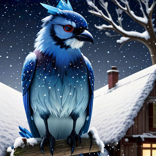 a blue bird sitting on a wooden post in the snow with a house in the background and a tree in the foreground