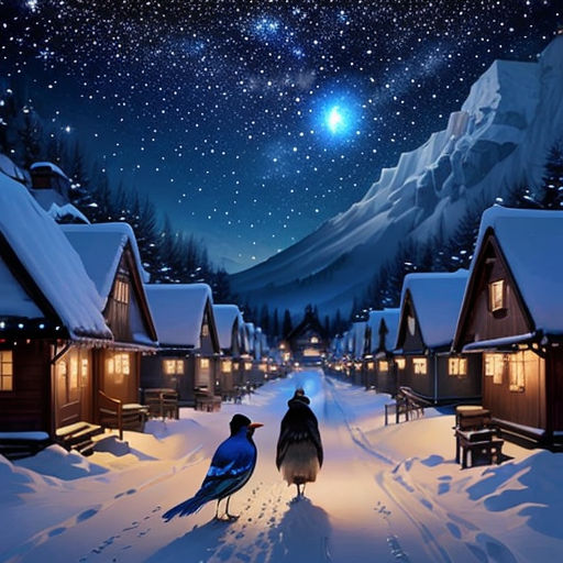 a couple of birds standing on top of a snow covered road next to a forest filled with trees and houses