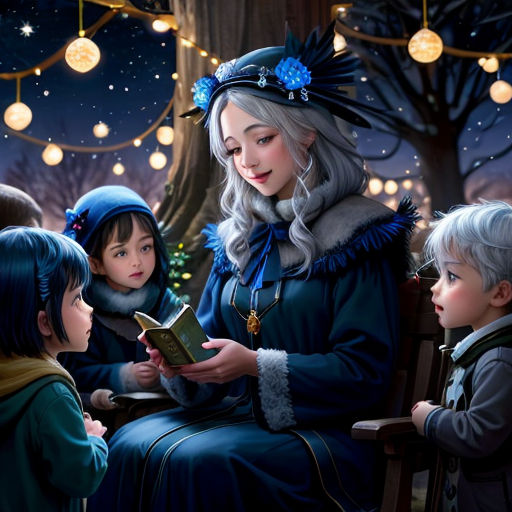a painting of a woman reading to two children in a park at night with lights strung from the trees