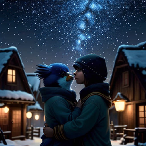 a couple kissing under a star filled sky in a snowy village at night with a star filled sky above them