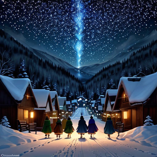 a christmas scene with three people walking down a snowy road at night with a star above them and a village with a christmas tree