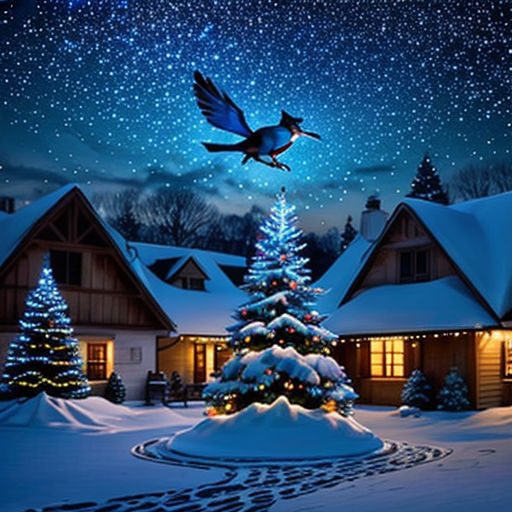 a christmas tree in front of a house with a star filled sky above it and a lit up christmas tree