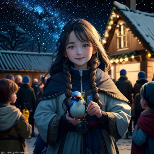 a little girl holding a bird in her hand in front of a crowd of people in a village at night