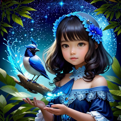 a girl holding a bird on a branch in front of a night sky with stars and leaves on it