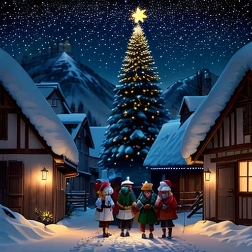 a christmas scene with three people standing in front of a christmas tree and a lit up tree in the background