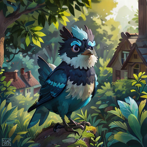 a bird with a blue and white beak is sitting on a branch in a forest with houses and trees