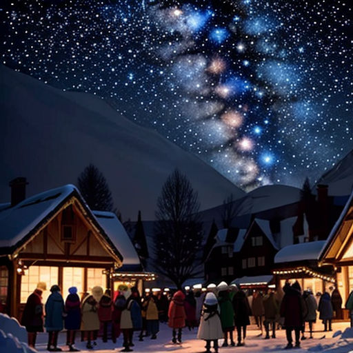 a group of people standing around a christmas village at night with a star filled sky above them and a lit up christmas tree