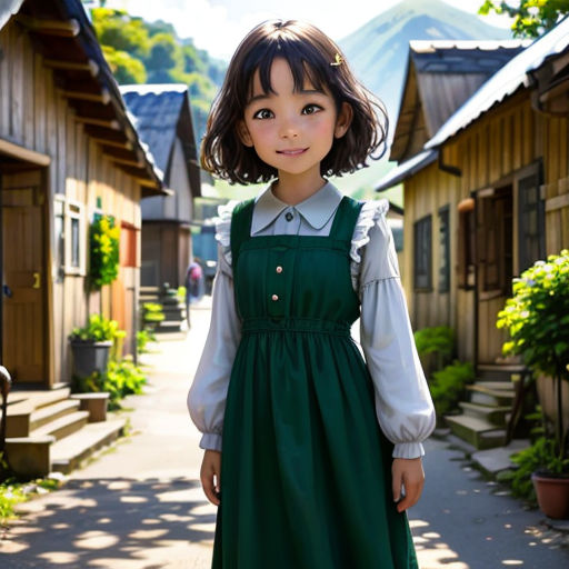 a young girl in a green dress standing in front of a row of houses with mountains in the background