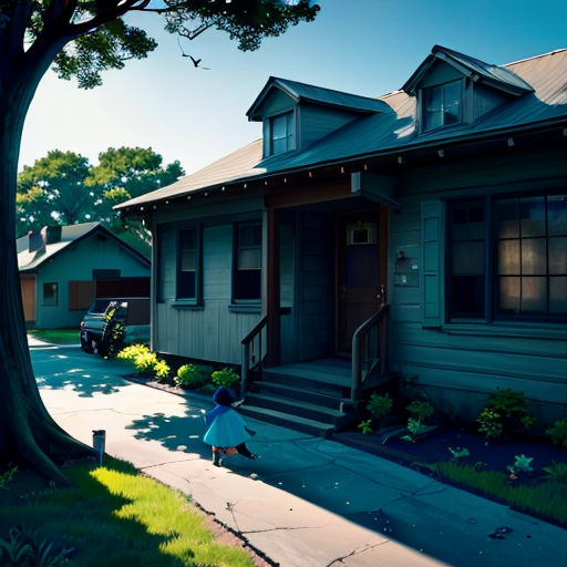 a little girl walking down a sidewalk next to a tree and a house with a clock on it's side