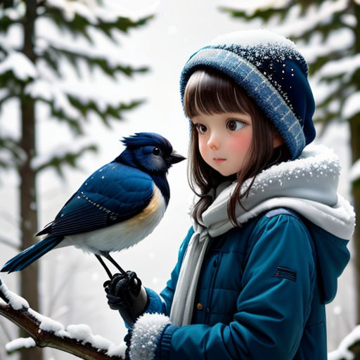 a little girl holding a bird on a branch in the snow with a blue bird perched on it's arm
