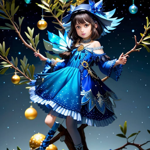 a girl in a blue dress and hat standing on a tree branch with ornaments around her and a blue background