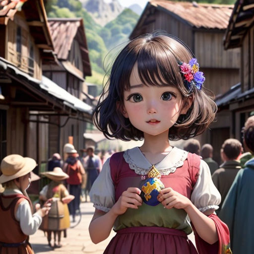 a little girl in a dress and hat standing in front of a crowd of people in a village with a mountain in the background