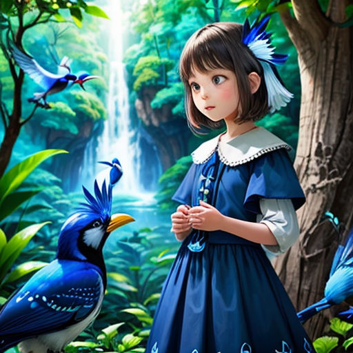 a little girl standing next to a bird in a forest with a waterfall in the background and a bird on the ground