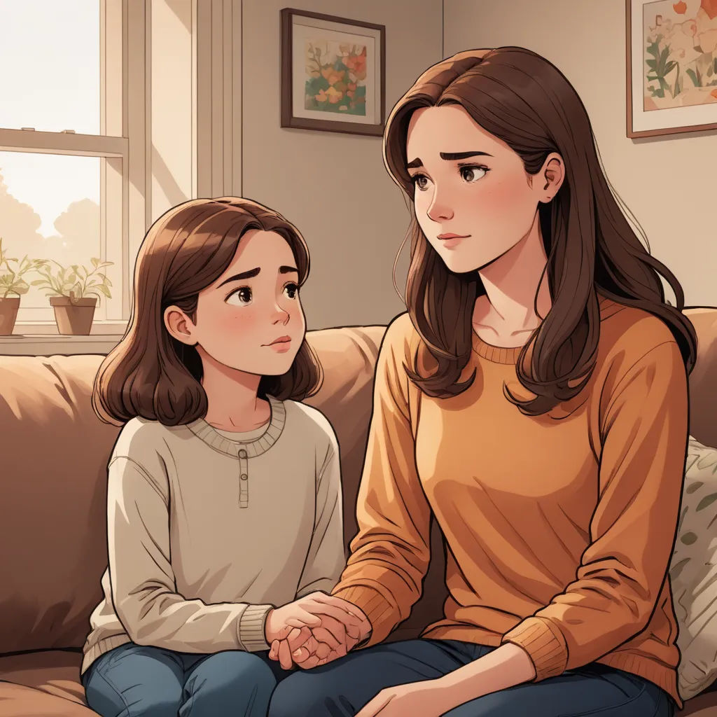 a woman sitting on a couch next to a little girl on her lap, both looking at each other, serial art, a comic book panel, Ada Gladys Killins, official art