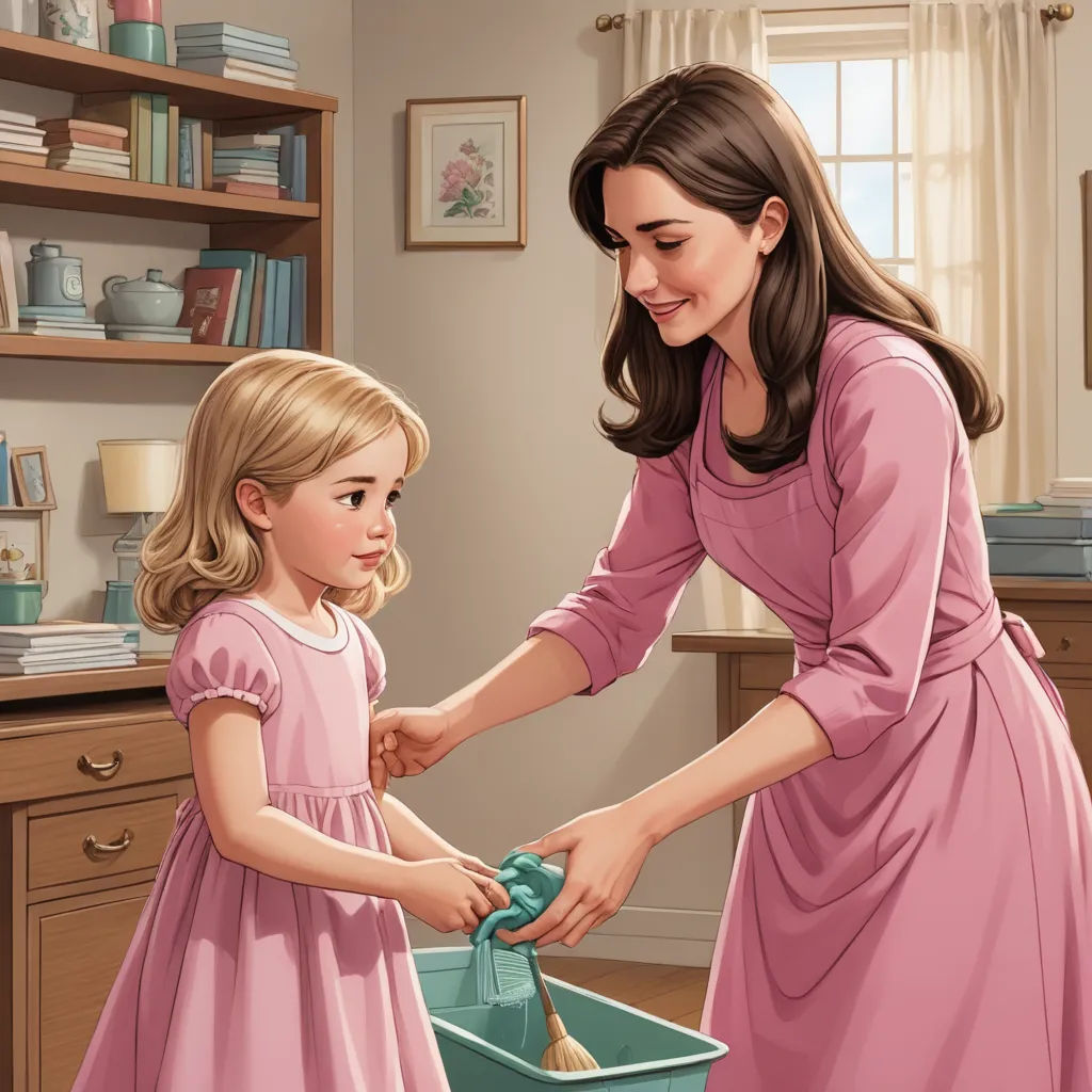 a woman and a little girl are cleaning a kitchen together with a dustbin and a dustbin can, american scene painting, a storybook illustration, Elizabeth Forbes, storybook illustration