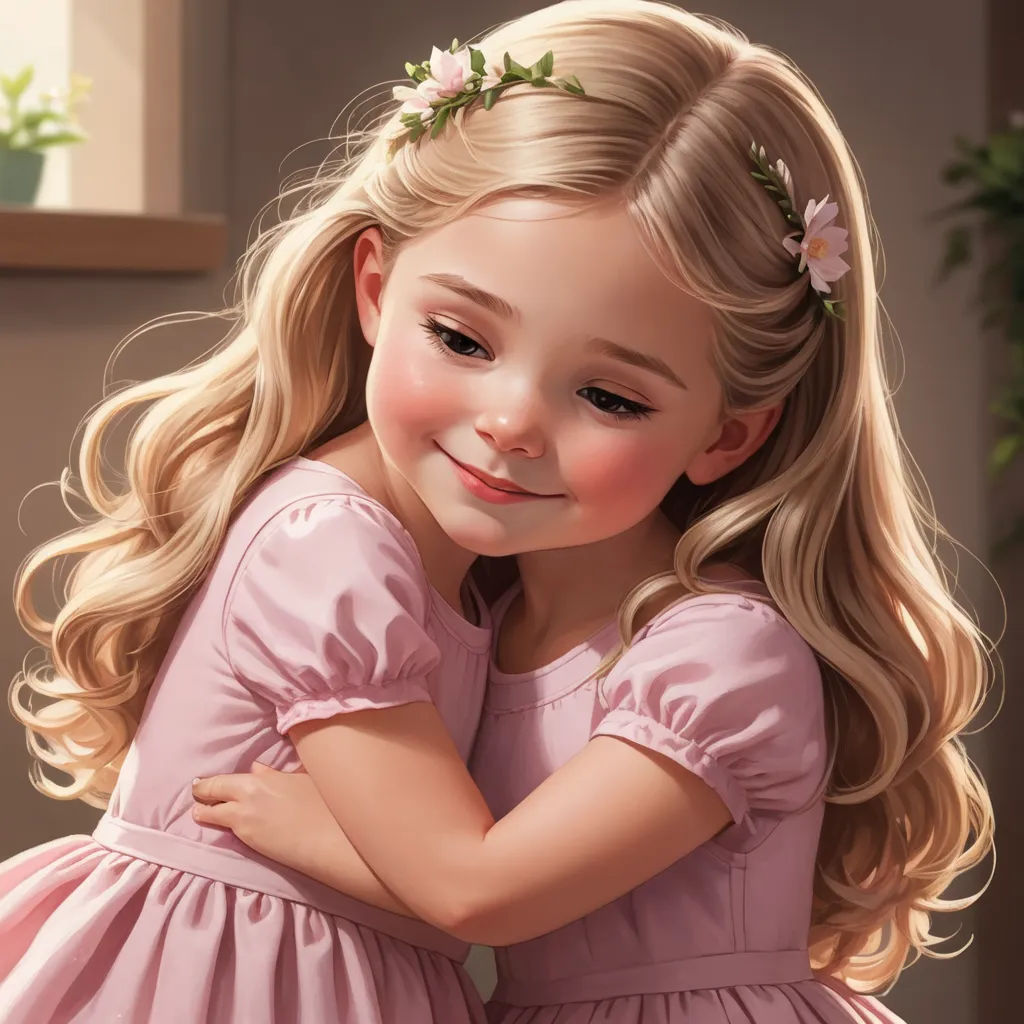 a painting of a little girl with blonde hair and a flower in her hair, hugging her mother's shoulder, photorealism, a detailed painting, Charlie Bowater, cgstudio