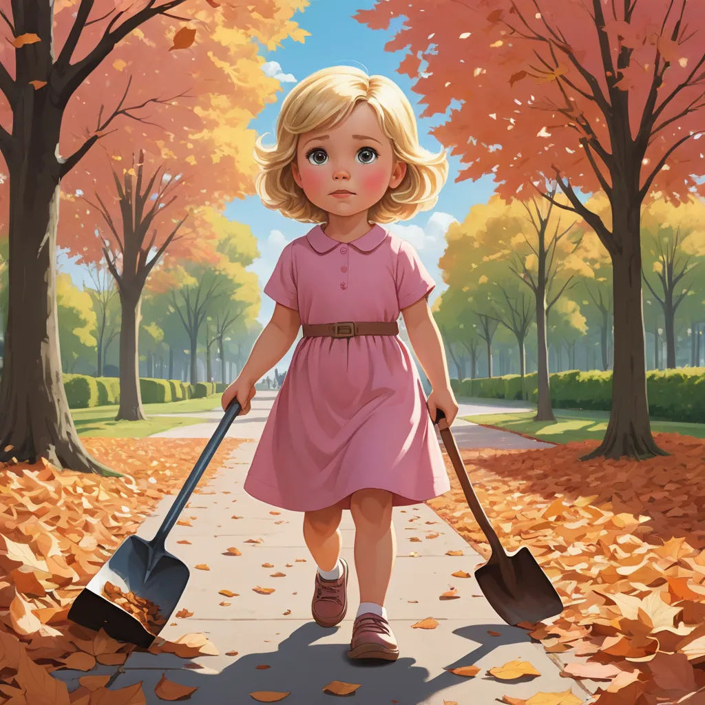 a painting of a little girl with a shovel and a leaf rake walking down a path in a park, american scene painting, a storybook illustration, Aaron Jasinski, official art