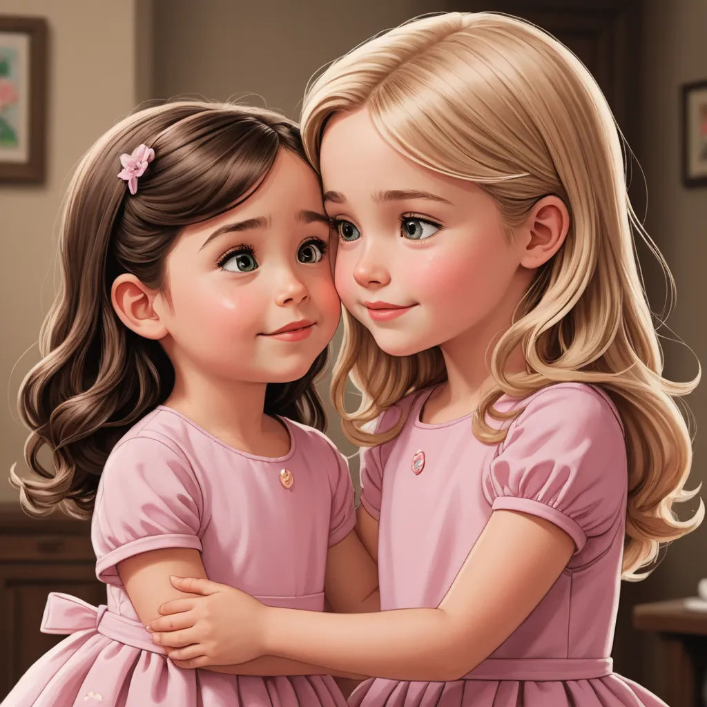 two little girls hugging each other in a room with a painting of a girl in the background and a picture of a girl in the background, photorealism, a storybook illustration, disney, cgstudio