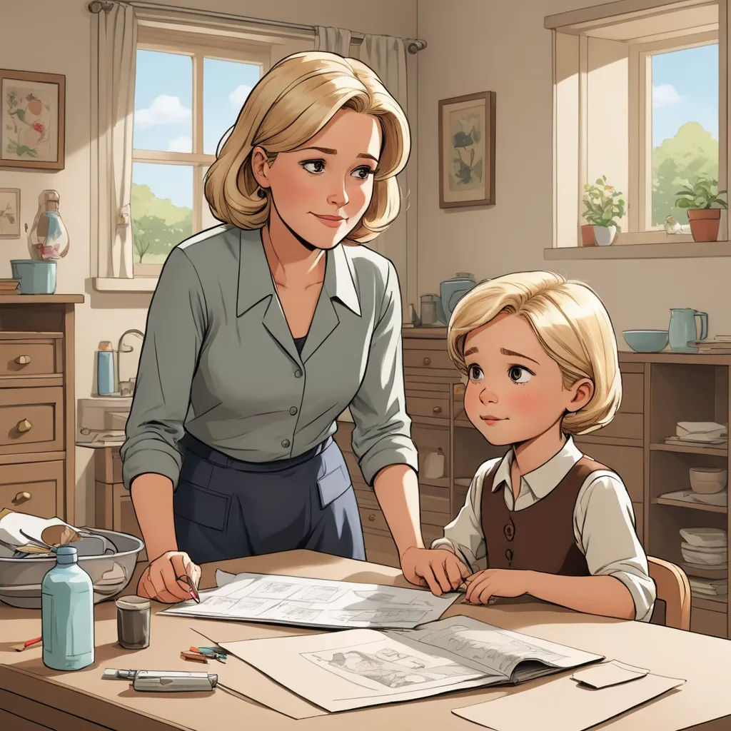 a woman and a child are sitting at a table with papers and pens in front of them, and a book is on the table, remodernism, a storybook illustration, Cliff Childs, storybook illustration