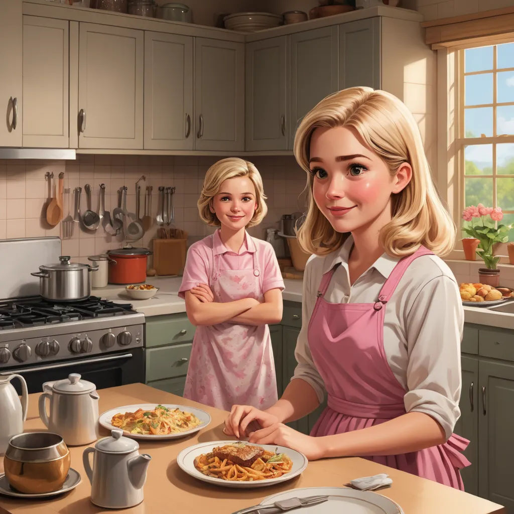 a woman and a girl are in the kitchen preparing food together, and one is smiling at the camera, american realism, a storybook illustration, disney, official art