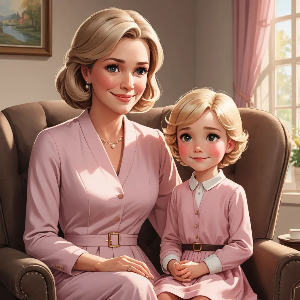 a woman and a child sitting on a chair in a room with a window and a painting of a woman in a pink dress, remodernism, a storybook illustration, disney, kinkade