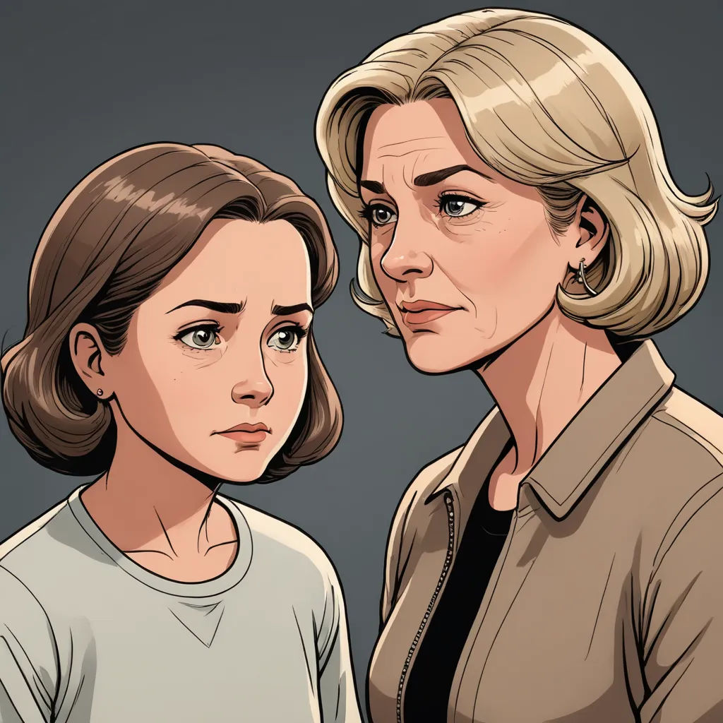 a woman and a girl are looking at each other with a serious look on their faces, with a dark background, serial art, a comic book panel, Eve Ryder, graphic novel