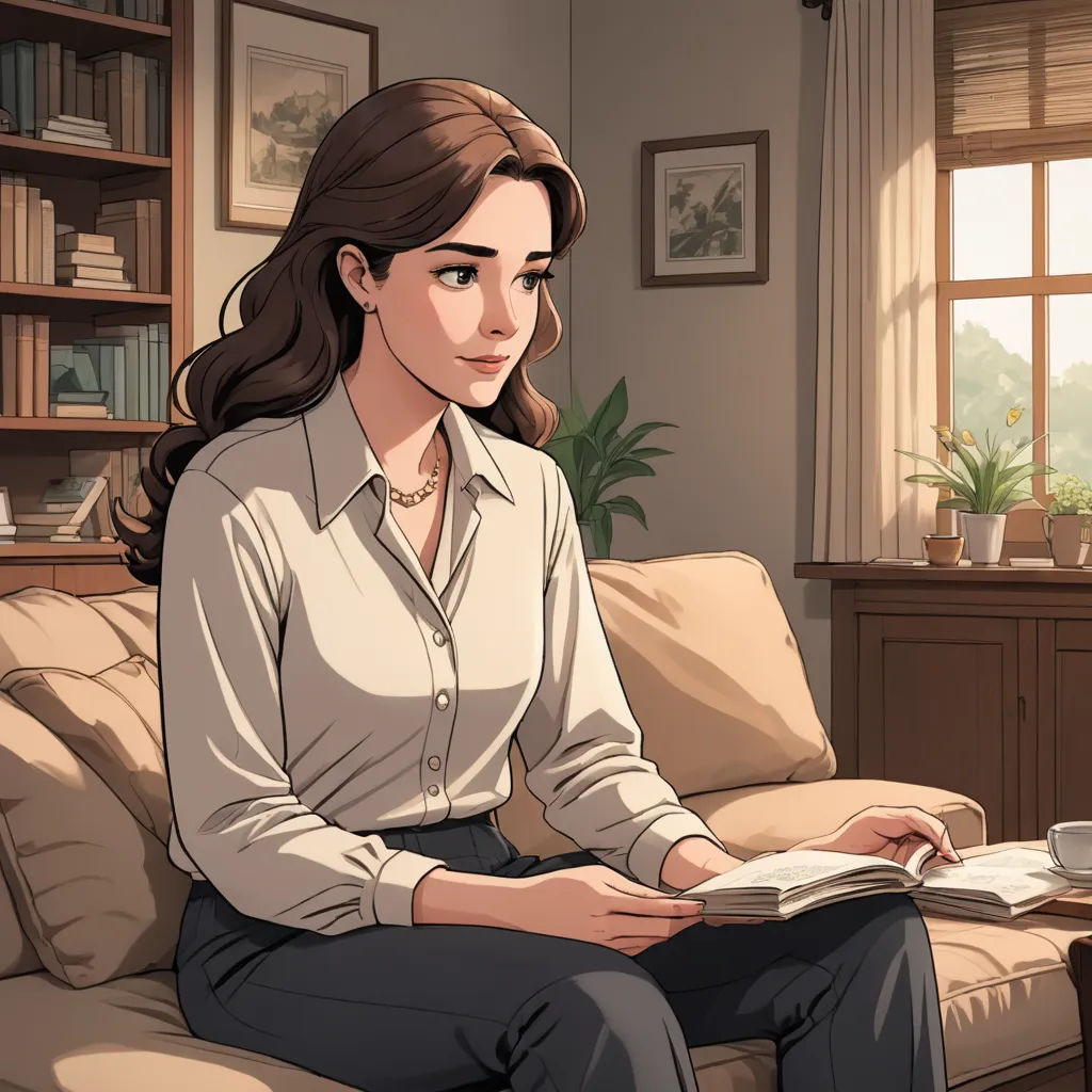 a woman sitting on a couch reading a book in a living room with a window behind her and a bookcase, remodernism, a comic book panel, Anne Said, kinkade