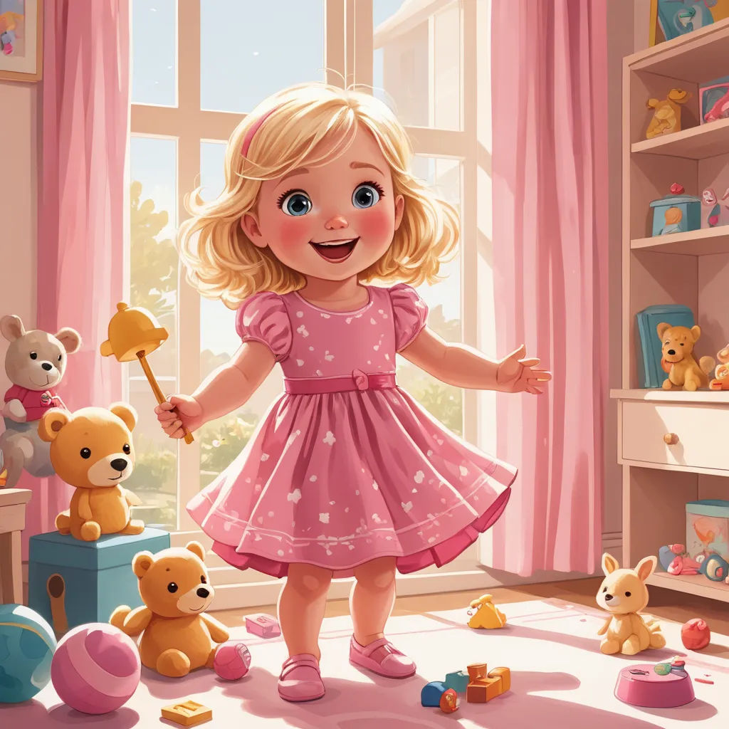 a little girl standing in a room with teddy bears and toys around her and a window with pink curtains, photorealism, a storybook illustration, Caroline Lucy Scott, storybook illustration