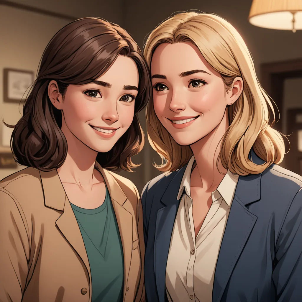 two women standing next to each other in a room with a lamp on the wall behind them and a lamp on the floor, remodernism, a comic book panel, Artgerm, official art