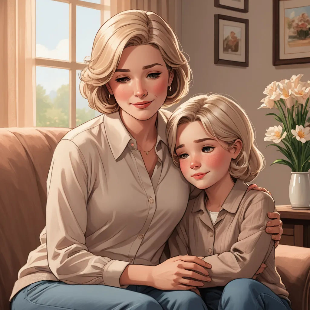 a woman and a child sitting on a couch in front of a window with flowers in the vase on the table, remodernism, a storybook illustration, Elizabeth Forbes, ultra realistic illustration