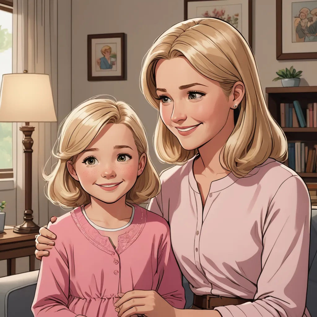 a woman and a little girl are sitting together in a living room with a lamp on the table and a picture on the wall, american realism, a comic book panel, Charles Schulz, graphic novel