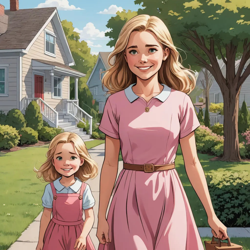 a woman and a little girl walking down a sidewalk in front of a house with a dog in a basket, american realism, a storybook illustration, F Scott Hess, graphic novel