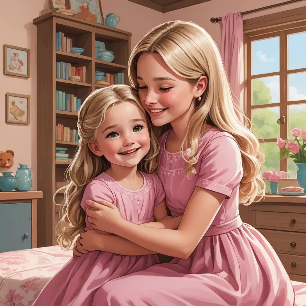 a painting of two girls hugging each other in a room with a bookcase and window behind them,, photorealism, a storybook illustration, Caroline Lucy Scott, storybook illustration