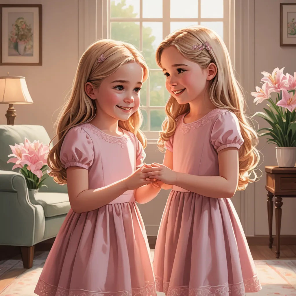 two little girls standing next to each other in a room with a window and a couch in the background, photorealism, a storybook illustration, Brothers Hildebrandt, official art
